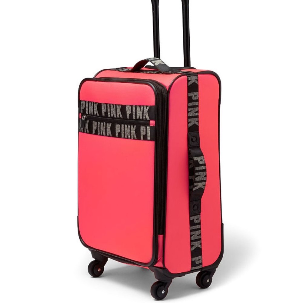 Victoria’s Secret PINK neon coral / hot pink wheelie luggage suitcase